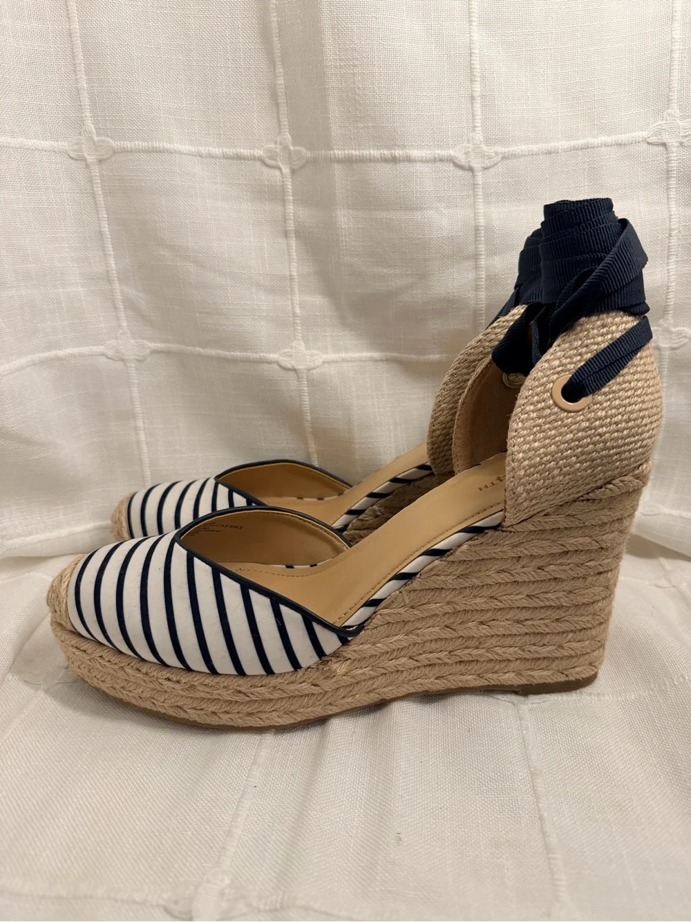 On 34th Melindaa Navy Stripe Espadrille Wedges Size 11M New